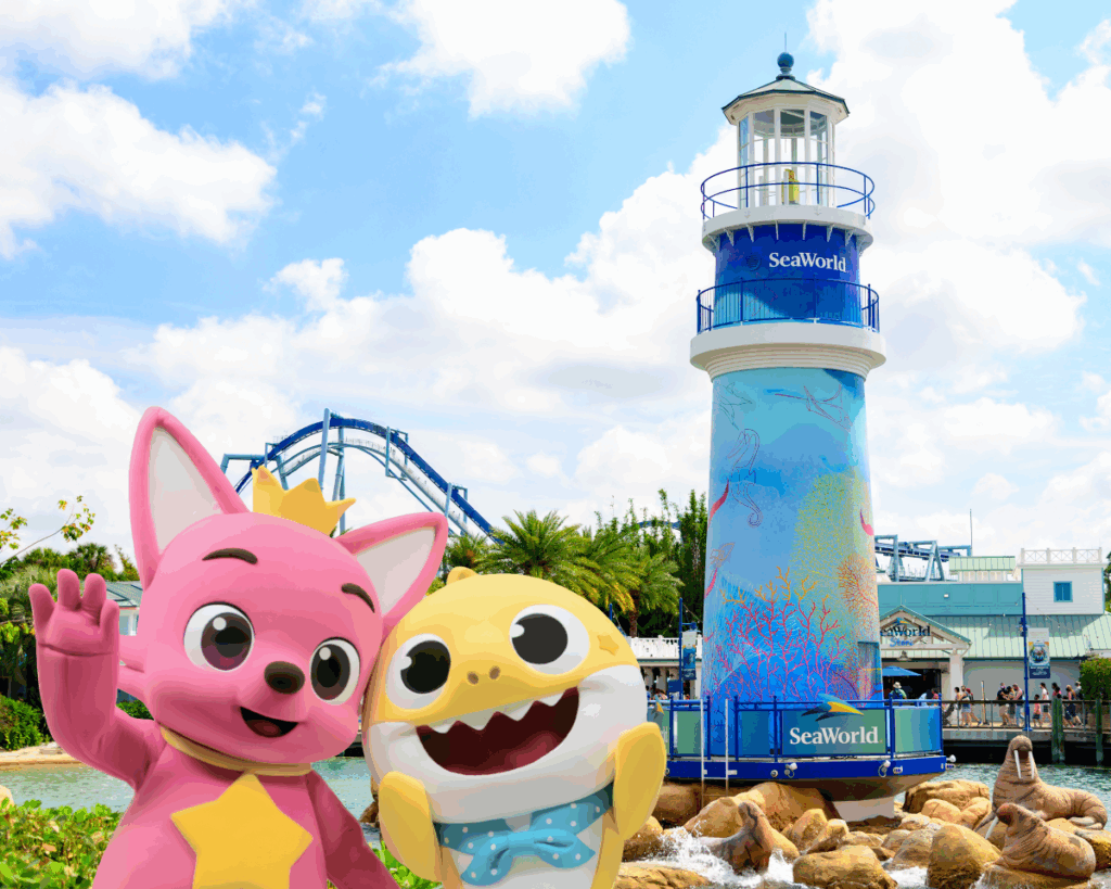 Baby Shark SeaWorld Orlando image with the signature lighthouse in background