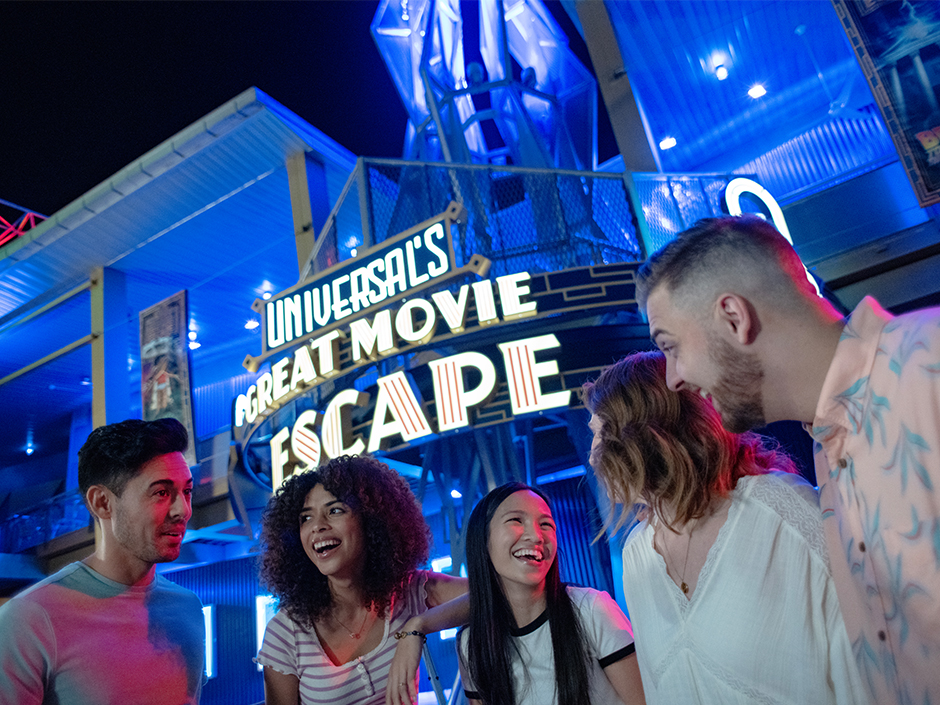 Exterior at night of Universal's Great Movie Escape
