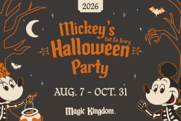 Halloween party poster featuring Mickey Mouse silhouette and text 'Mickey's Not-So-Scary Halloween Party' at Magic Kingdom, Aug 7–Oct 31, 2026 (Disney)