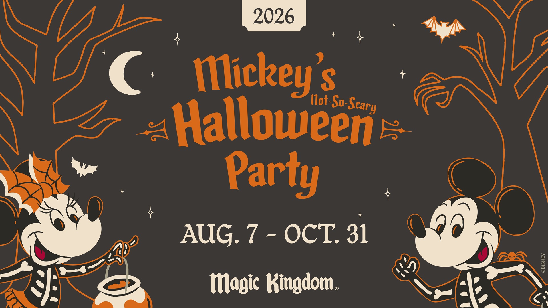 Halloween party poster featuring Mickey Mouse silhouette and text 'Mickey's Not-So-Scary Halloween Party' at Magic Kingdom, Aug 7–Oct 31, 2026 (Disney)