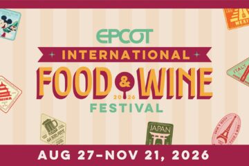 Poster for EPCOT International Food & Wine Festival 2026 with bold typography and retro stamps theme