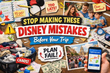Collage warning about Disney trip mistakes with maps, money, chaos labels, and a family planning scene before travel.