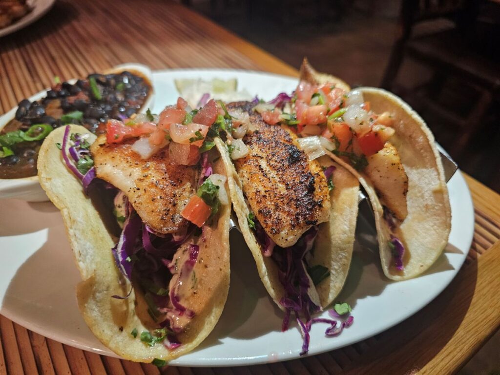 Three Blackened Fish Tacos looking beige with a small dish of black beans in the background