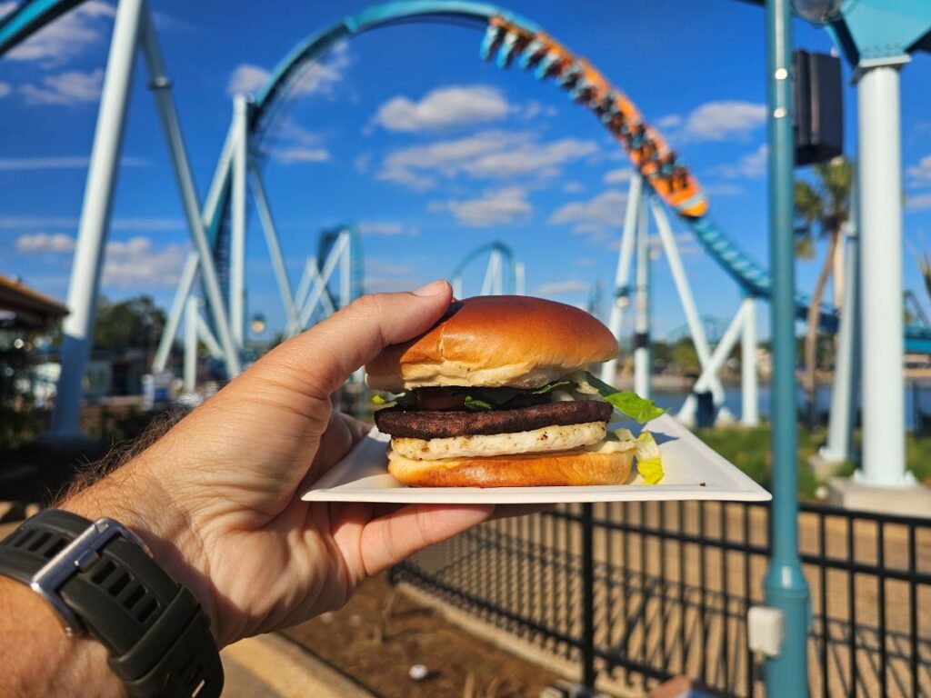 Hand holding a burger on a white plate with a blue roller coaster in the background at an amusement park.