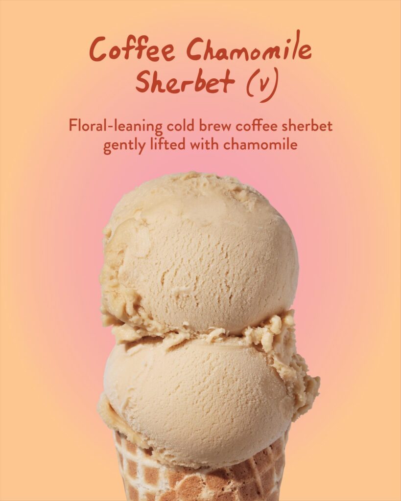 Salt & Straw May 2026: Three scoops of coffee chamomile sherbet stacked on a waffle cone against a warm peach gradient, with the dish name and description overlaid in red text.