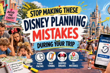 Family reads a map in front of a Disney castle, looking stressed about planning mistakes shown in bold text.