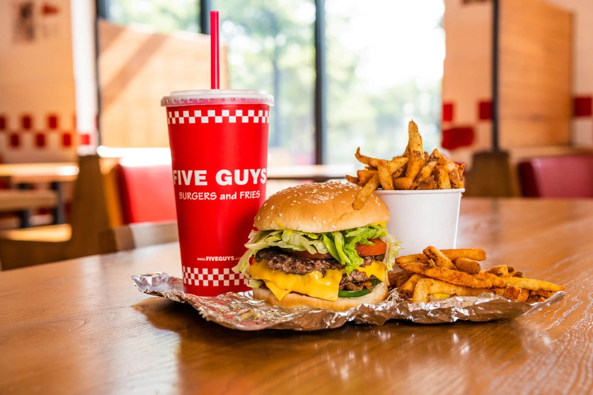 Five Guys CityWalk Orlando opening- photos showing burger, fries, and soft drink