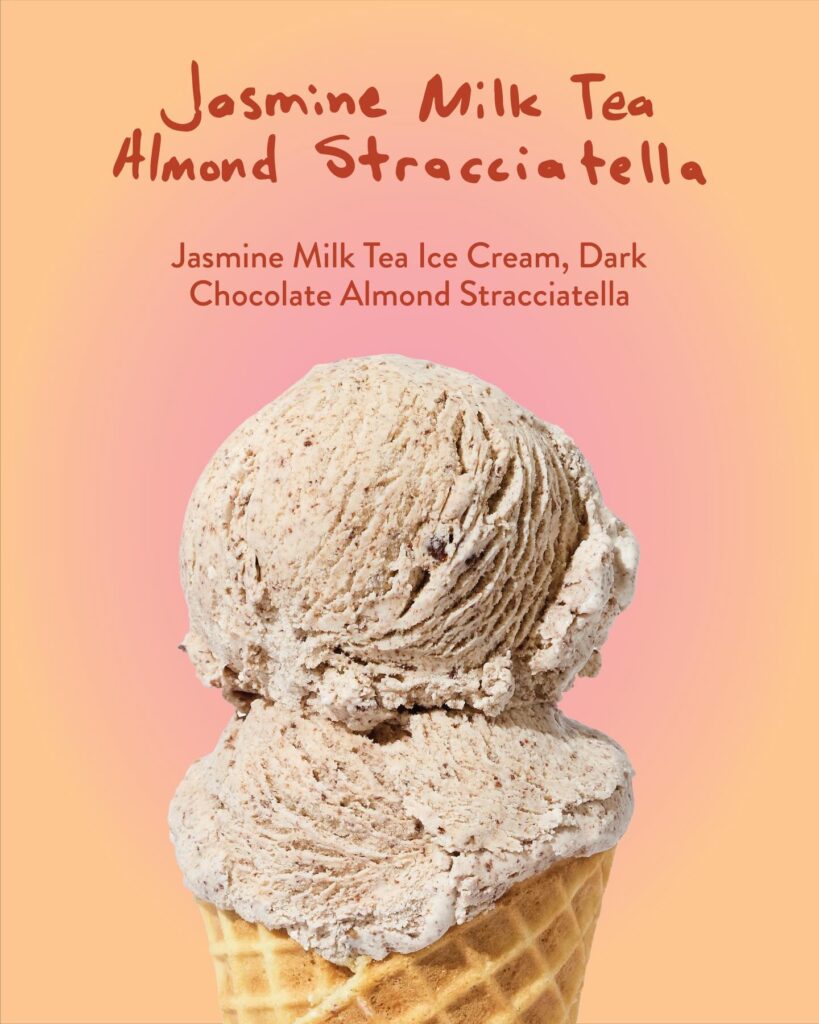 Creamy almond stracciatella ice cream cone against a peach-pink gradient background with flavor text reading Jasmine Milk Tea Almond Stracciatella and Jasmine Milk Tea Ice Cream, Dark Chocolate Almond Stracciatella