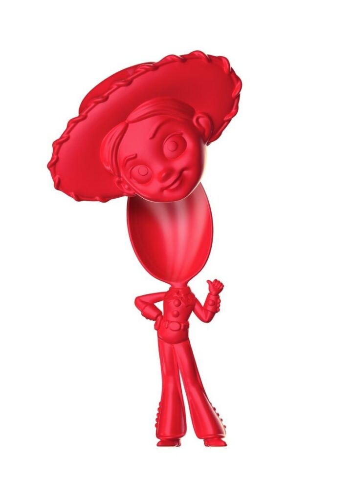 Red plastic cartoon figure with a large balloon-shaped head, standing with one hand on hip and the other raised in a fist.",