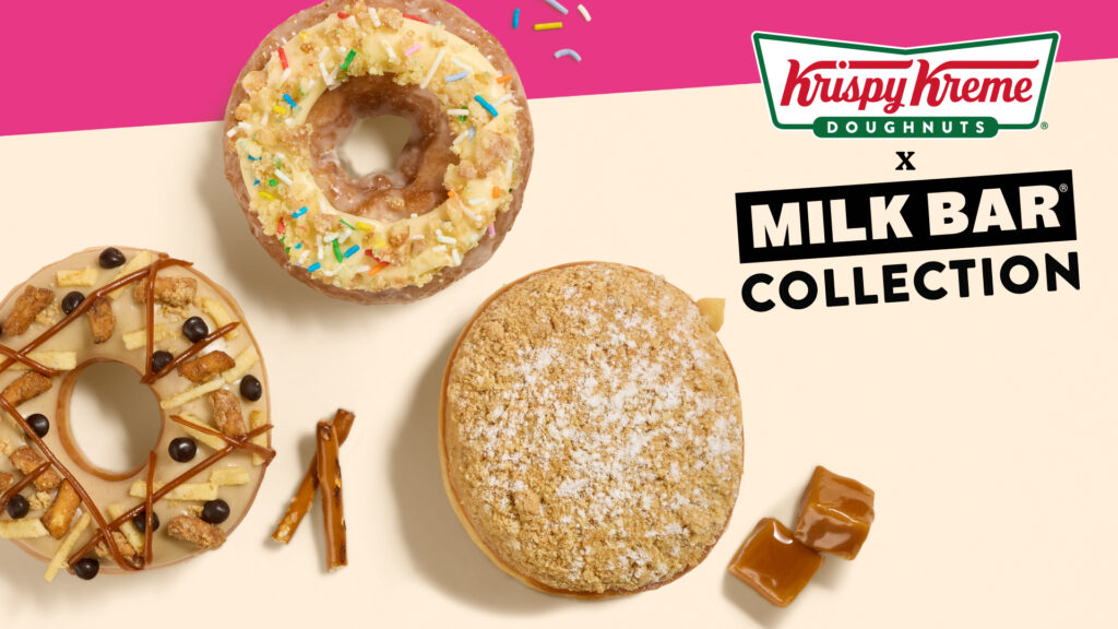 Promotional image for Krispy Kreme x Milk Bar Collection featuring three decorated donuts on a pale background with brand logos visible above.