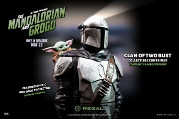 Mandalorian in silver armor with Grogu perched on his shoulder, promo poster text on left and right sides.