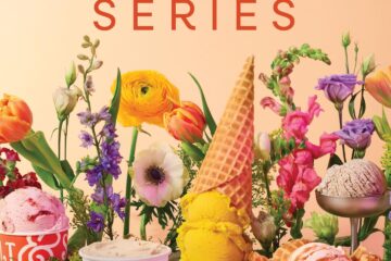 Promotional poster for The May Flowers Series with a bright floral arrangement and ice cream cones on a peach background.