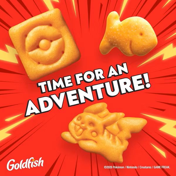 Bright red adventure ad for Goldfish crackers showing three orange crackers in different shapes and the bold slogan 'TIME FOR AN ADVENTURE!', with the Goldfish logo bottom-left.