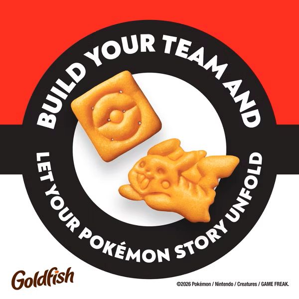 Goldfish crackers themed for Pokémon: red background, circular black ring with white center and bold text, two crackers—one square, one fish-like—in the middle