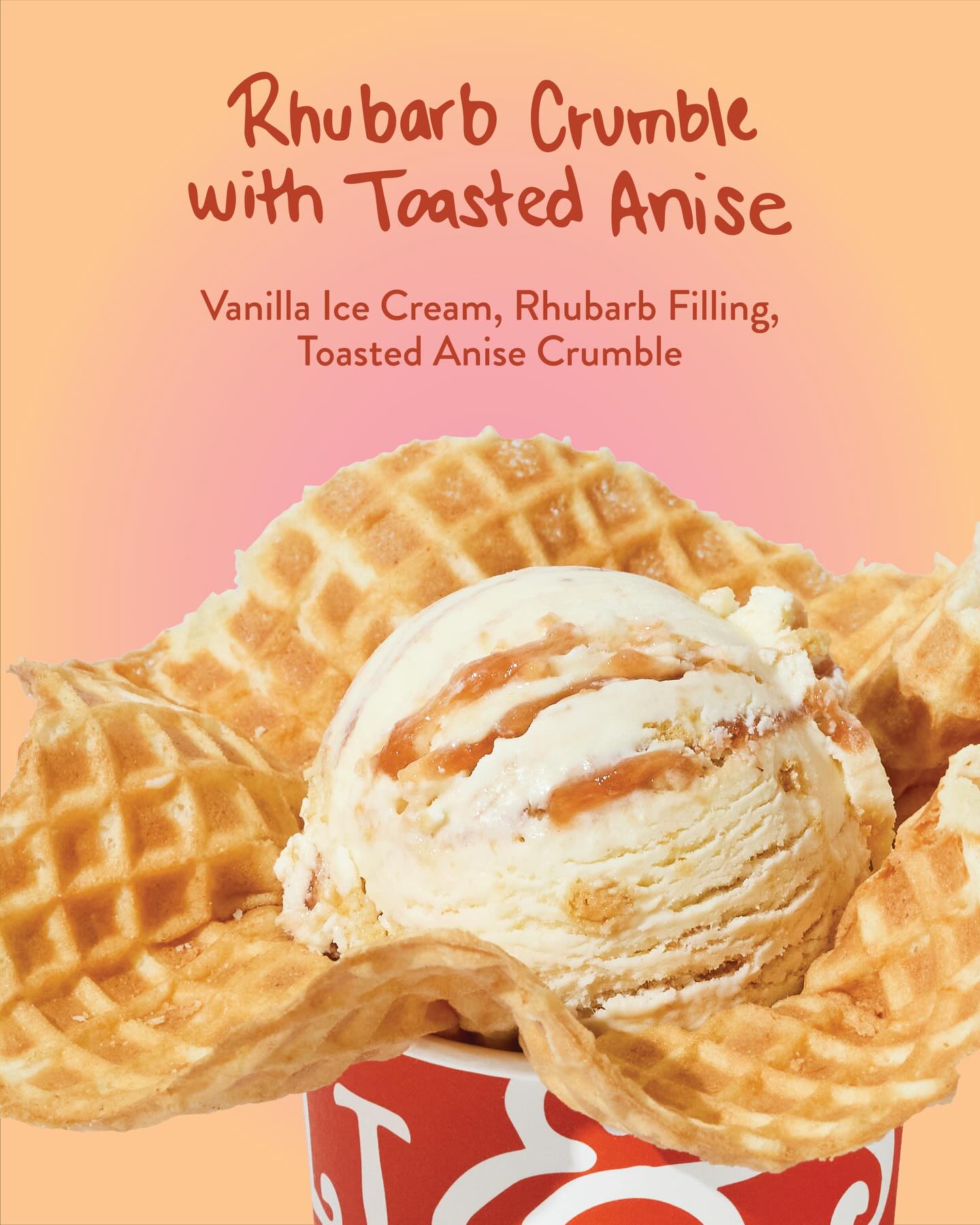 Vanilla ice cream with rhubarb filling and toasted crumble, served in a red cup against a peach gradient background
