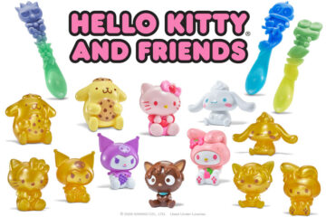 Colorful Hello Kitty and Friends vinyl figures arranged in rows, with two rattle-like toys at the top corners and the 'HELLO KITTY AND FRIENDS' title.