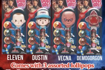 Promotional image for Pop Ups! Stranger Things lollipops: four character figures — Eleven, Dustin, Vecna, and Demogorgon — with text 'Collect all 4' and 'Comes with 3 assorted lollipops'