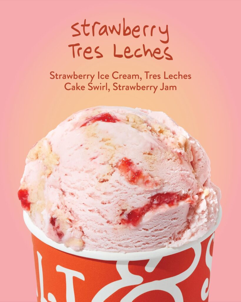 Salt & Straw May 2026: Close-up of a pink strawberry ice cream scoop in a red cup, set against a pink gradient background with the flavor name 'strawberry Tres Leches' and list of flavors above.