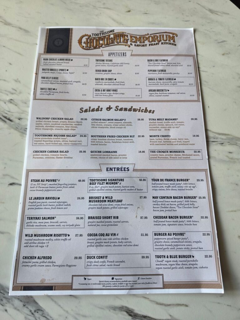 Toothsome Chocolate Emporium Menu