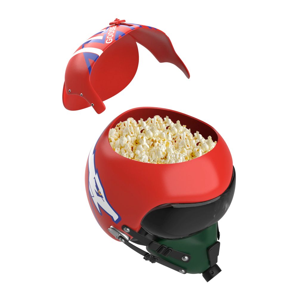 Novelty red motorcycle-style helmet with Union Jack design, opened to reveal popcorn-filled interior, showcasing a popcorn helmet product