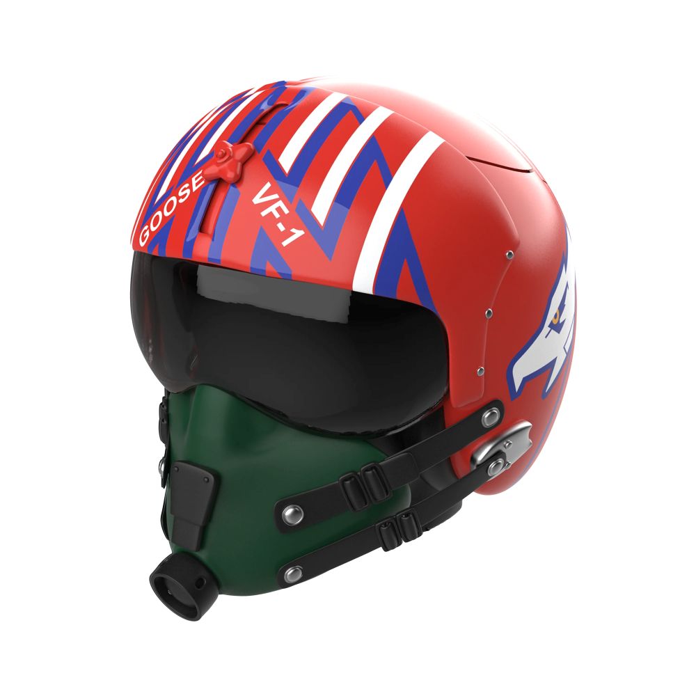 Red pilot helmet with white and blue zigzag stripes, a dark visor, and an attached green gas mask secured with black straps.
