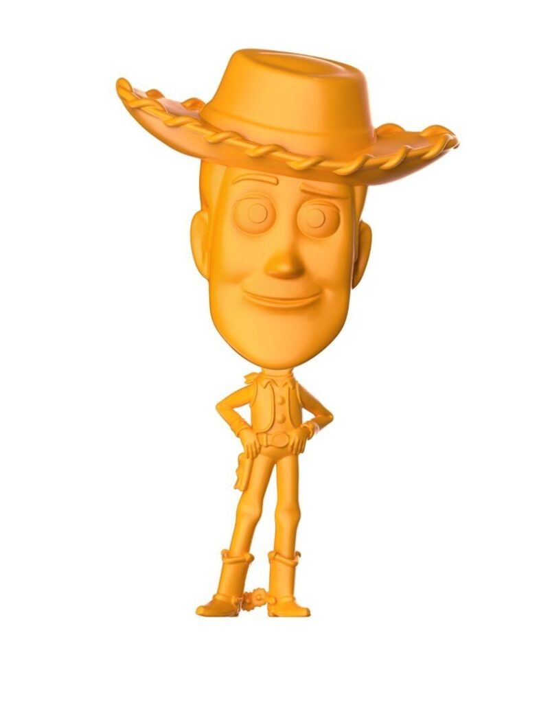 Orange 3D cartoon cowboy figurine standing with hands on hips, wearing a wide-brimmed hat and boots.