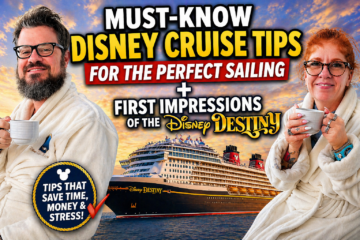 Couple in bathrobes holding mugs beside a Disney Destiny cruise ship at sunset, promoting must-know cruise tips for the perfect sailing and first impressions of the ship.