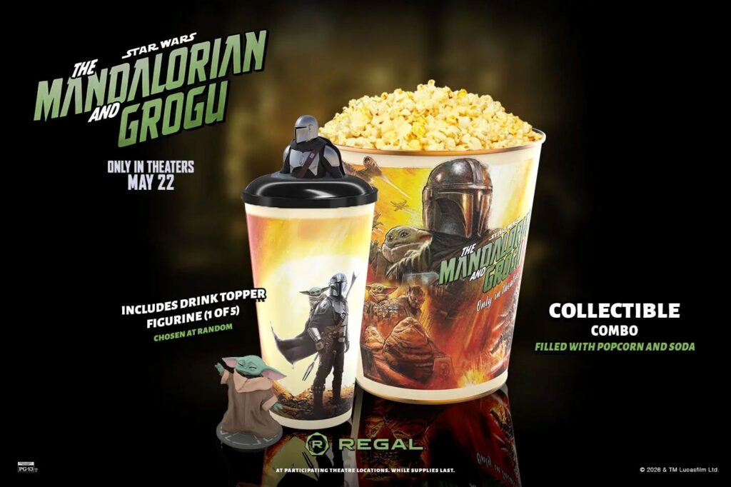 Promotional image of a Mandalorian and Grogu popcorn bucket and matching drink cup with character toppers; features The Mandalorian artwork and popcorn. Includes text about a May release.