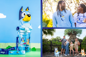 Collage showing a blue cartoon dog souvenir, two adults in matching Disney shirts smiling outdoors, and a family posing by a railing in a Disney World setting.