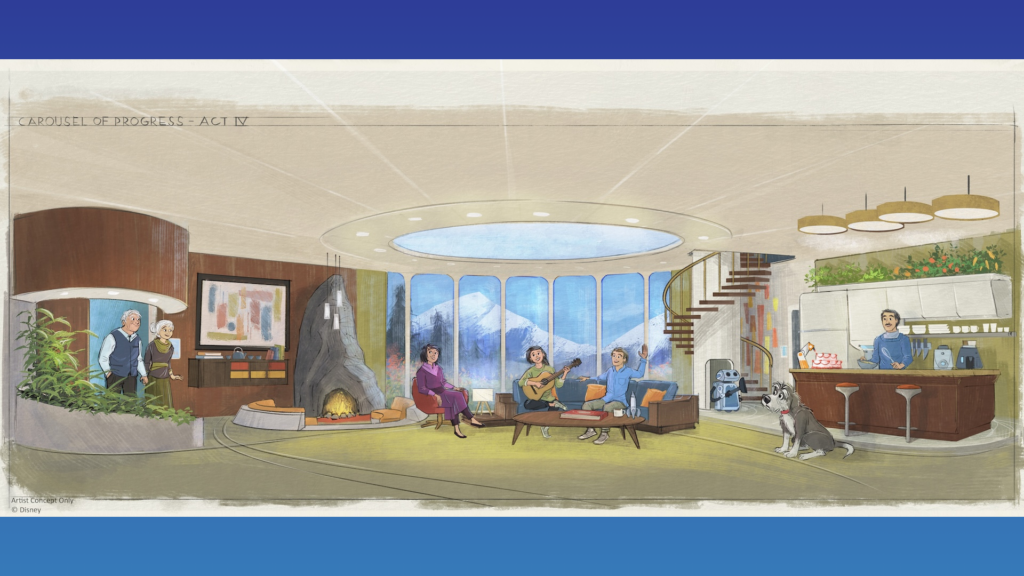 A cozy living room scene with a fireplace, large curved windows, and people playing guitar and singing together while a dog sits nearby.