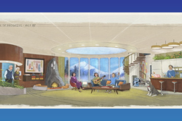 A cozy living room scene with a fireplace, large curved windows, and people playing guitar and singing together while a dog sits nearby.