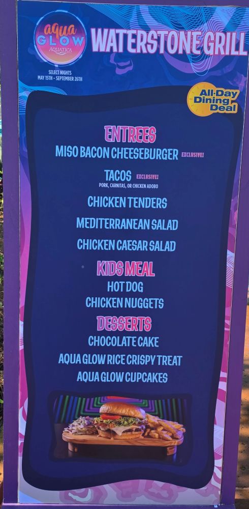 Outdoor signboard for Waterstone Grill menu with Entrees, Kids Meal, and Desserts sections