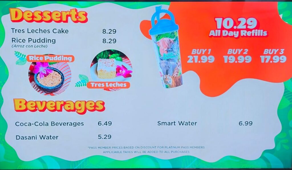 Bright menu board listing Desserts and Beverages with prices and tropical graphics, plus images of Rice Pudding and Tres Leches Cake.