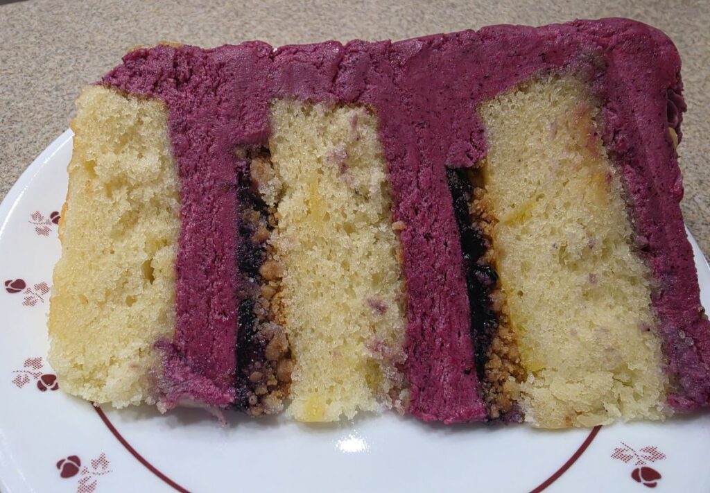 Slice of layered yellow cake with purple berry filling between the layers on a white plate with a red floral pattern.