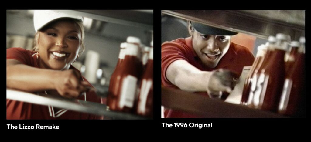Split-screen comparison: left panel shows a smiling woman in a red shirt and white cap reaching for bottles; right panel shows a man in a red shirt reaching for bottles in a kitchen.