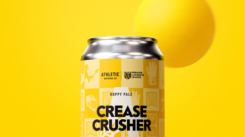 Photo of Crease Crusher Brew showing it as a non-alcoholic brew with a bright yellow can