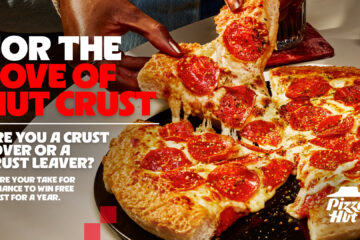 Crispy Parm Pan Pizza at Pizza Hut promotional banner celebrating crust with a pepperoni pizza and bold white-and-red text saying 'For the love of crust'.