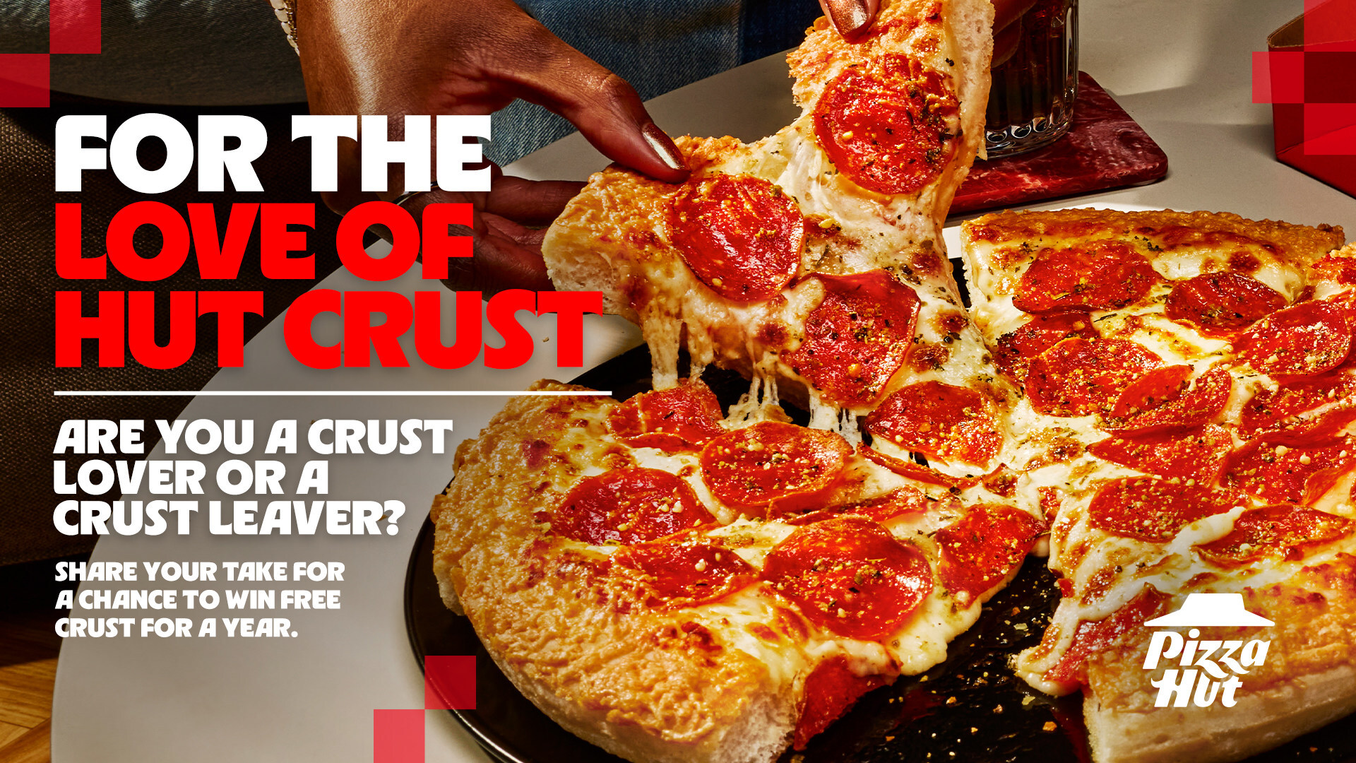 Crispy Parm Pan Pizza at Pizza Hut promotional banner celebrating crust with a pepperoni pizza and bold white-and-red text saying 'For the love of crust'.