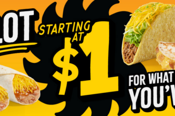 Bright fast-food promo banner showing tacos and burritos with a 'Get a lot starting at $1' offer - Del Taco Value Meal