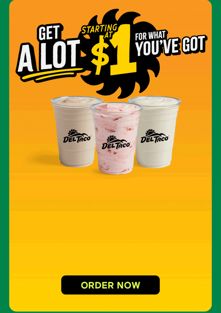 Del Taco promotion with three cups on an orange gradient and an 'ORDER NOW' CTA at the bottom edge of the ad.