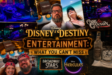 Promotional collage for Disney Destiny Entertainment: What You Can't Miss, featuring performers, neon lights, and milestone logos in a collage layout.