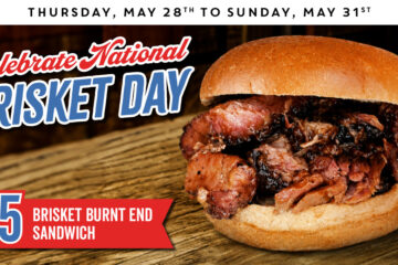 Promotional banner for National Brisket Day advertising a Dickey’s $5 brisket deal on a wooden table.