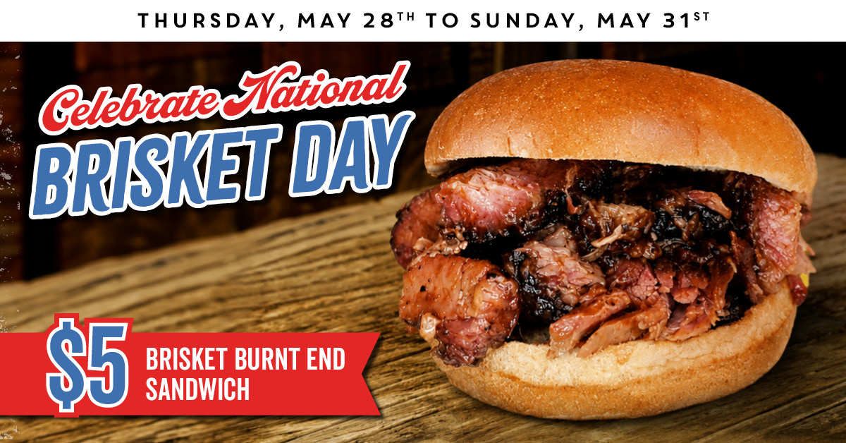 Promotional banner for National Brisket Day advertising a Dickey’s $5 brisket deal on a wooden table.