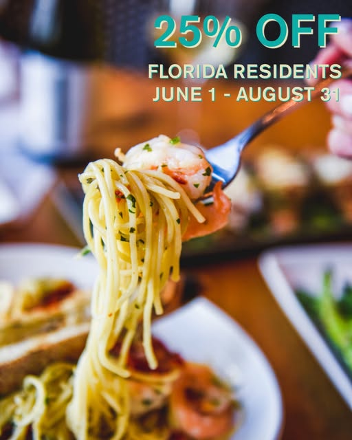 Pasta on a fork with shrimp, promo text overlay reading '25% OFF' for Florida residents, June 1–August 31 for Disney Springs Dining Discounts