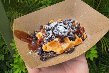 Donkey's Triple Chocolate Waffle topped with crushed chocolate cookies and powdered sugar in a brown paper tray outdoors fathered by a hand.