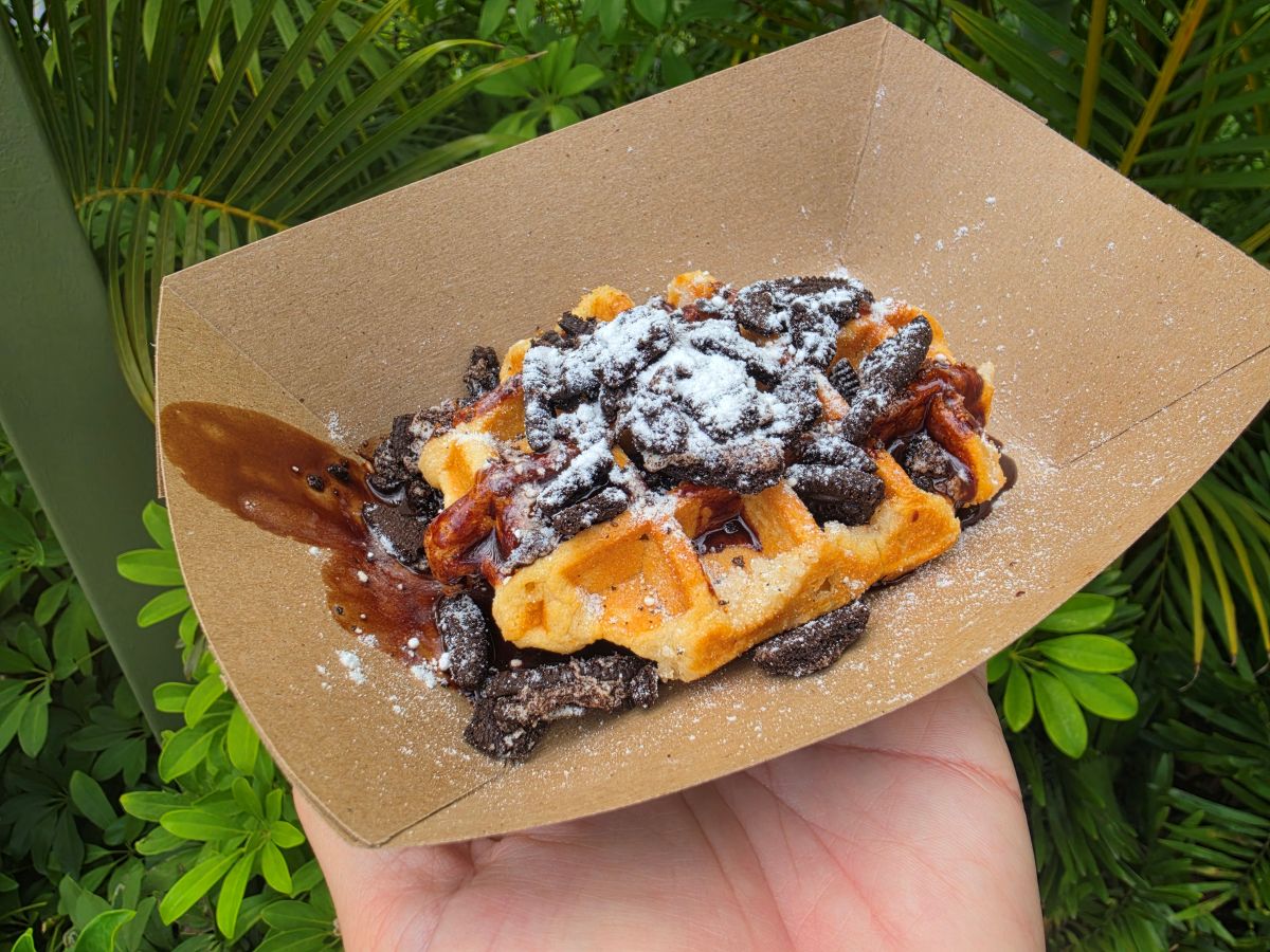 Donkey's Triple Chocolate Waffle topped with crushed chocolate cookies and powdered sugar in a brown paper tray outdoors fathered by a hand.