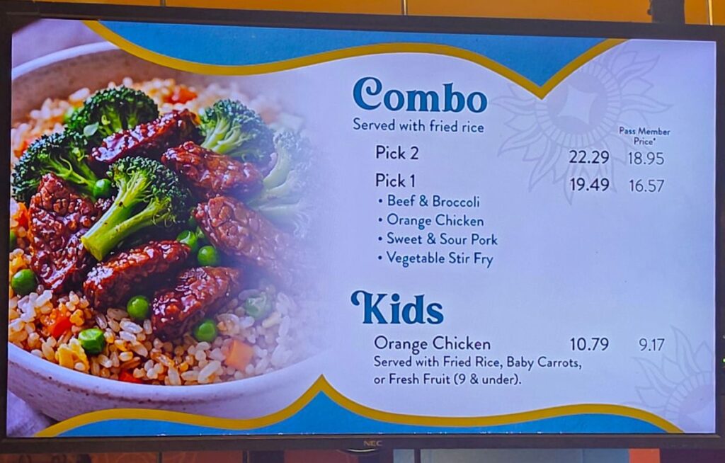 Menu board featuring a Combo and Kids meals; left shows a bowl of fried rice with broccoli and beef.
