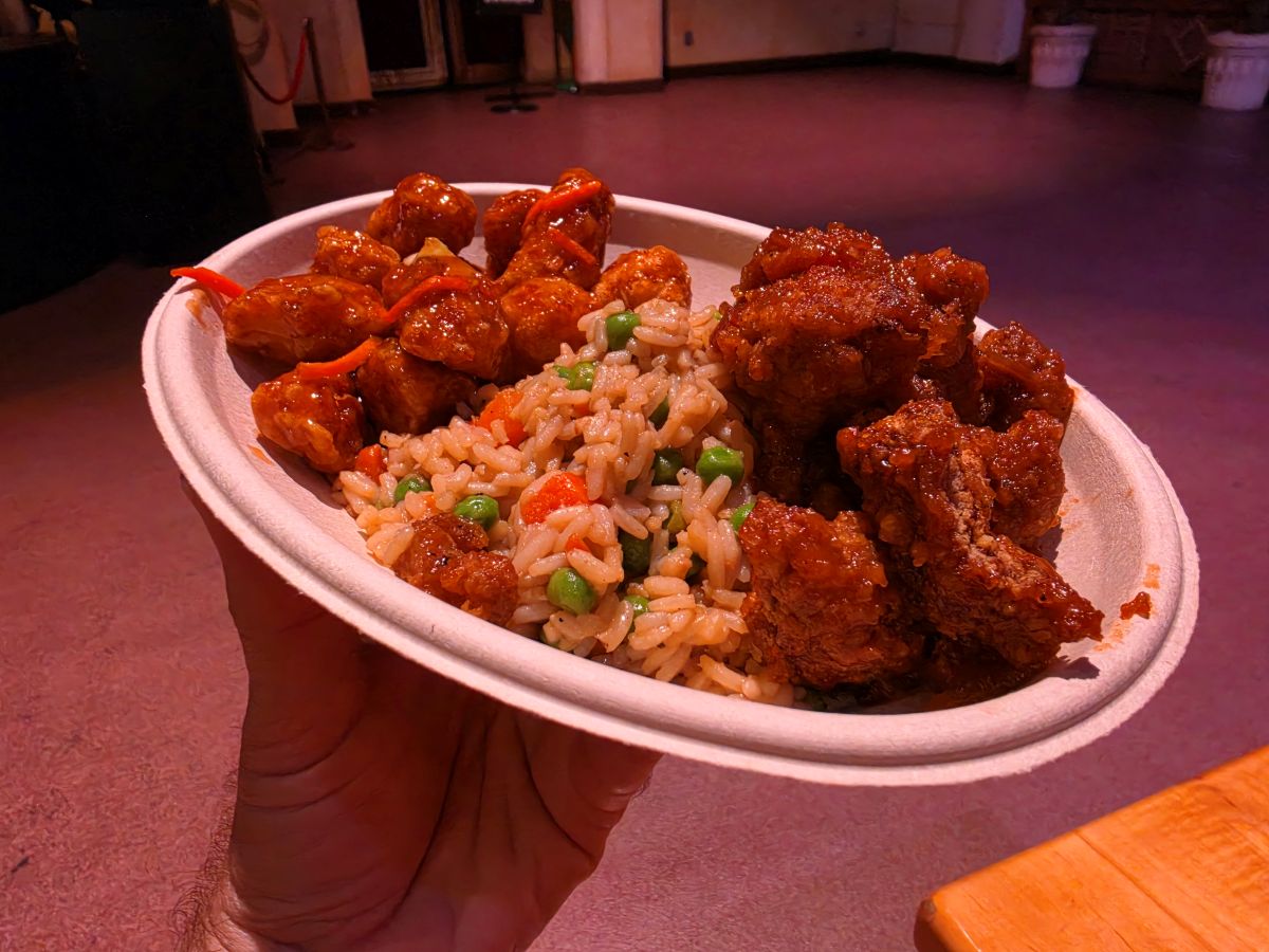 Paper plate with glazed fried chicken bites and vegetable fried rice (peas and carrots) held in a hand indoors for a Dragon Fire Grill review