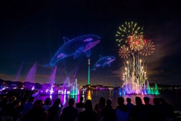 Nighttime waterfront show with glowing blue dolphin displays, colorful fountain jets, and fireworks over a seated crowd.