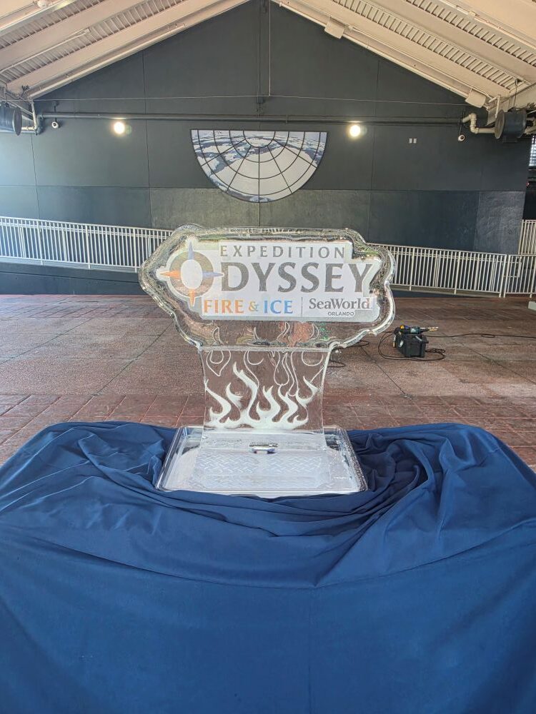 Ice sculpture sign reading 'Expedition Odyssey: Fire & Ice SeaWorld Orlando' on a stand, flames at the base, blue fabric draped around the pedestal.